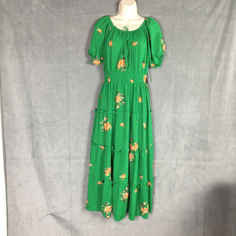 Kindred Maxi Dress XL NWT Green Floral Embroidered Smocked Tiered ‎ Boho Peasant